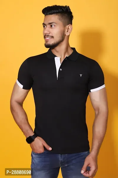 Stylish Black Cotton Blend Solid Polos For Men