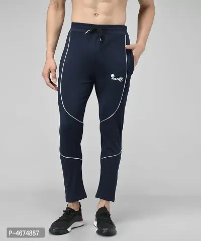 Navy Blue Cotton Spandex Solid Regular Fit Track Pants For Men