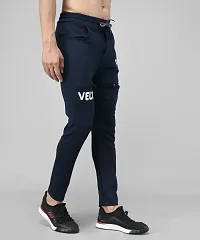 Navy Blue Cotton Spandex Solid Regular Fit Track Pants-thumb2
