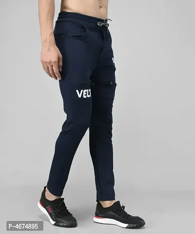 Navy Blue Cotton Spandex Solid Regular Fit Track Pants-thumb3