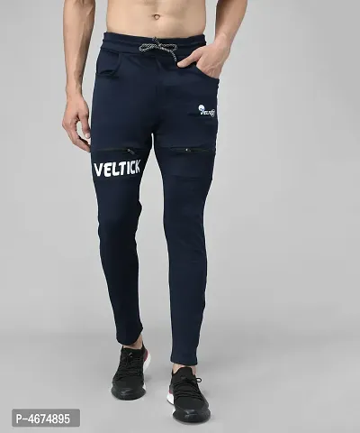 Navy Blue Cotton Spandex Solid Regular Fit Track Pants-thumb0