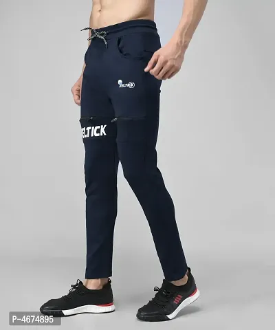 Navy Blue Cotton Spandex Solid Regular Fit Track Pants-thumb4