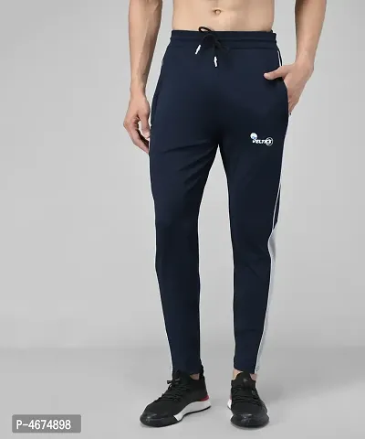 Navy Blue Cotton Spandex Regular Track Pants For Men