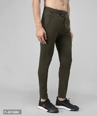 Olive Cotton Spandex Solid Regular Fit Track Pants-thumb3