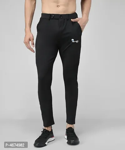Black Cotton Spandex Regular Track Pants For Men
