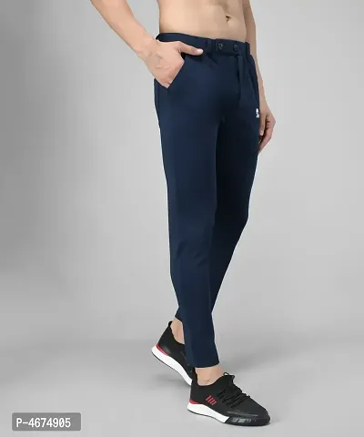 Blue Cotton Spandex Solid Regular Fit Track Pants-thumb3