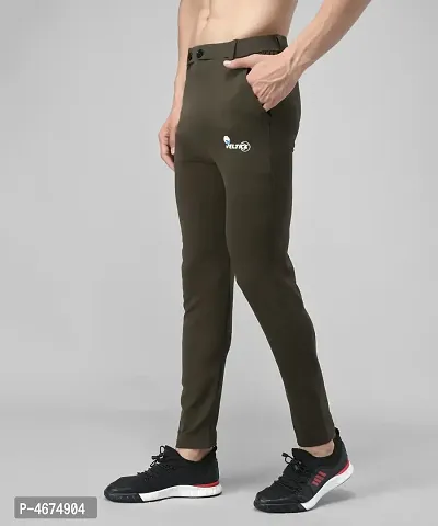 Olive Cotton Spandex Solid Regular Fit Track Pants-thumb4