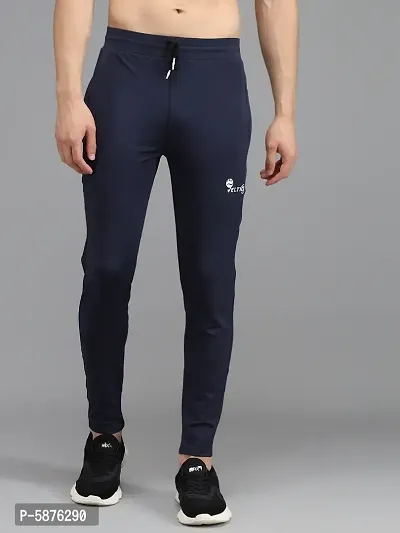 Fabulous Navy Blue 4-Way Lycra Solid Regular Track Pants For Men