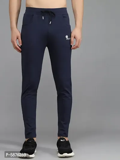 Fabulous Navy Blue 4-Way Lycra Solid Regular Track Pants For Men