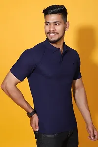 Stylish Navy Blue Cotton Blend Solid Polos For Men-thumb2