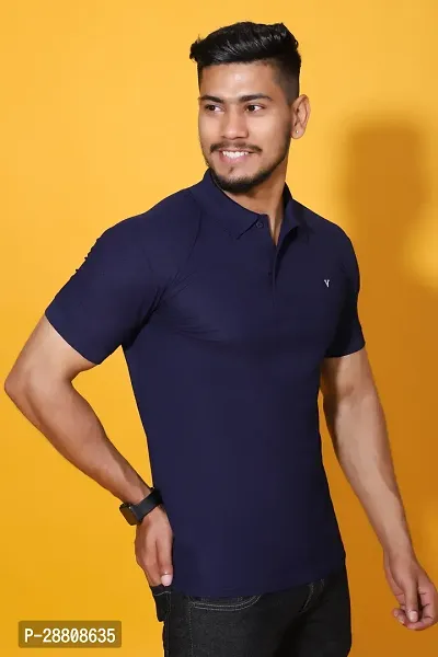 Stylish Navy Blue Cotton Blend Solid Polos For Men-thumb3
