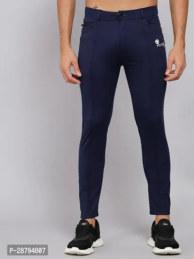 Stylish Navy Blue Polyester Blend Solid Regular Track Pants For Men