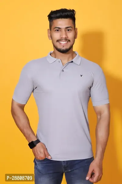 Stylish Grey Cotton Blend Solid Polos For Men