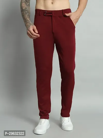 Comfortable Wine Cotton Spandex Mid-Rise Trouser For Men