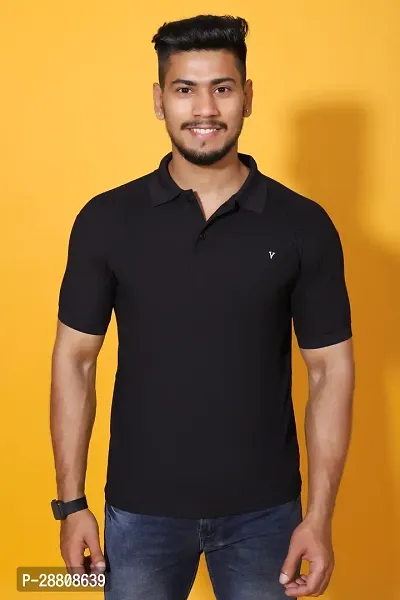 Stylish Black Cotton Blend Solid Polos For Men-thumb0