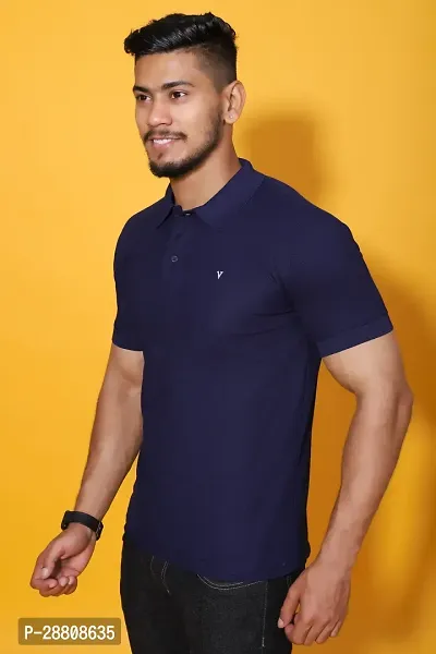 Stylish Navy Blue Cotton Blend Solid Polos For Men-thumb0