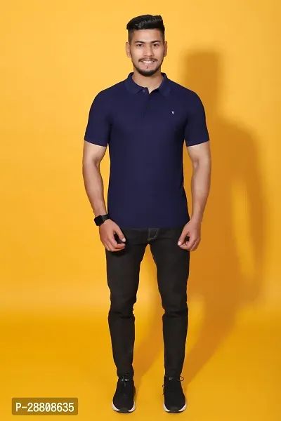 Stylish Navy Blue Cotton Blend Solid Polos For Men-thumb5