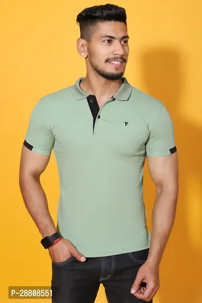 Stylish Green Cotton Blend Solid Polos For Men