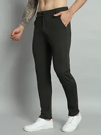 Comfortable Olive Cotton Spandex Mid-Rise Trouser For Men-thumb2