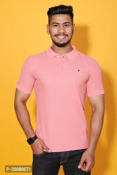 Stylish Pink Cotton Blend Solid Polos For Men-thumb0