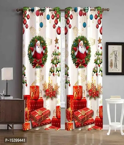 Hunny Decor 3D Heavy Polyester Beautiful Christmas Tree with Santa Claus Digital Print Curtain for Living Room, Kids Room and Bedroom, Curtains for Window, 4X5 Feet(C-5-offwtred)