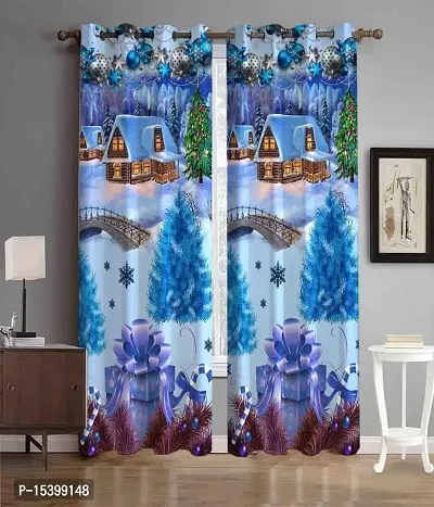 Hunny Decor 3D Heavy Polyester Beautiful Christmas Tree with Santa Claus Digital Print Curtain for Living Room, Kids Room and Bedroom, Curtains for Window, 4X5 Feet(C-5-seablue)