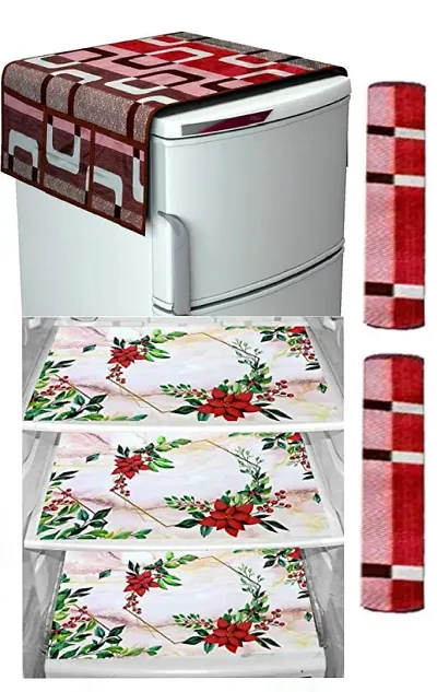 Polyester Printed Fridge Cover, Handle Cover, Mats Combo (Set Of 6 Piece)