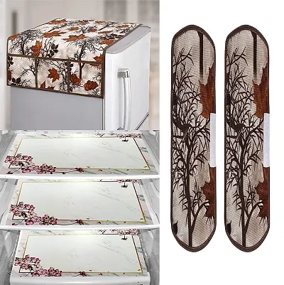 Polyester Printed Fridge Top Cover, 2 Handle Cover and 3 Mats Combo