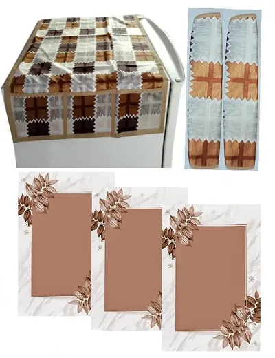 Polyester Printed Fridge Cover, 2 Handle Cover, 3 Fridge Mats Combo Pack