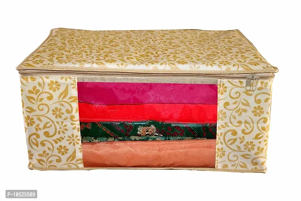 Non-Woven Fabric Orange Floral Print Front Transparent Window Multi Purpose Clothing, Saree and Suit Storage Bag With Zip- Pack Of 1