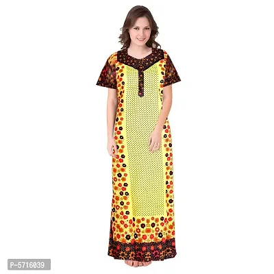 Stylish Cotton Short Sleeves Yellow Dot With Floral Print Night Gown For Women