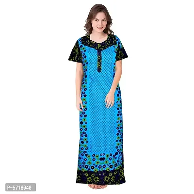 Stylish Cotton Short Sleeves Blue Dot With Floral Print Night Gown For Women