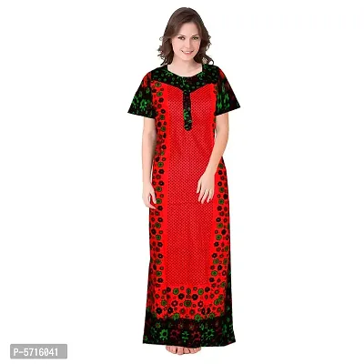 Stylish Cotton Short Sleeves Red Dot With Floral Print Night Gown For Women