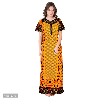 Stylish Cotton Short Sleeves Yellow Dot With Floral Print Night Gown For Women