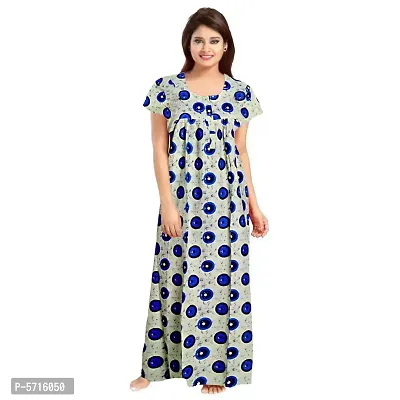 Stylish Cotton Short Sleeves Blue Printed Night Gown For Women