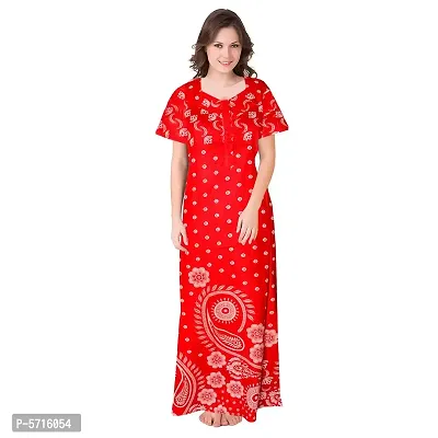 Stylish Cotton Short Sleeves Red Printed Night Gown For Women