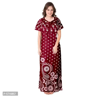 Stylish Cotton Short Sleeves Maroon Printed Night Gown For Women