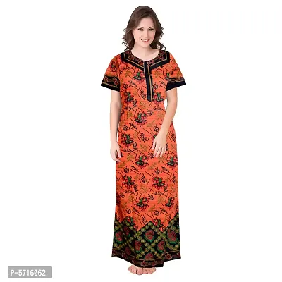 Stylish Cotton Short Sleeves Orange Printed Night Gown For Women