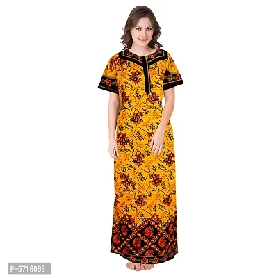 Stylish Cotton Short Sleeves Yellow Printed Night Gown For Women