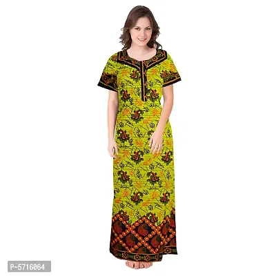 Stylish Cotton Short Sleeves Green Printed Night Gown For Women