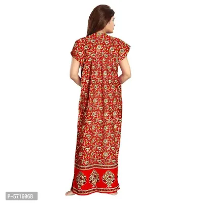 Stylish Cotton Short Sleeves Red Kalamkari Print Night Gown For Women-thumb2