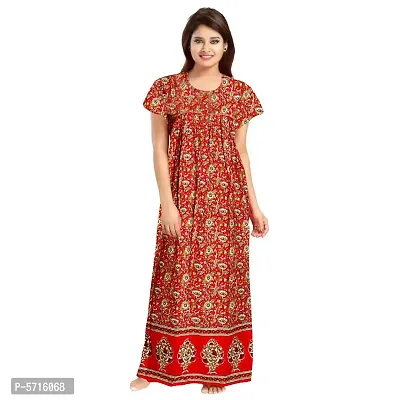 Stylish Cotton Short Sleeves Red Kalamkari Print Night Gown For Women