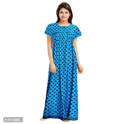Stylish Cotton Short Sleeves Blue Butterfly Print Night Gown For Women