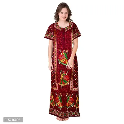 Stylish Cotton Short Sleeves Maroon Dandiya Printed Night Gown For Women-thumb0