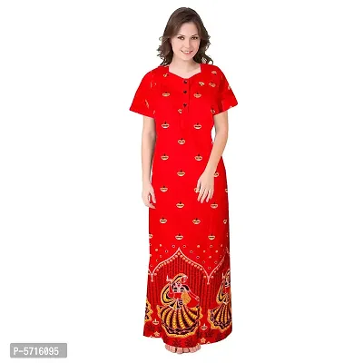 Stylish Cotton Short Sleeves Red Diya Print Night Gown For Women