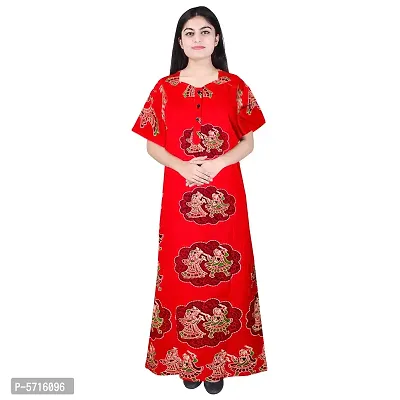 Stylish Cotton Short Sleeves Red Dandiya Printed Night Gown For Women