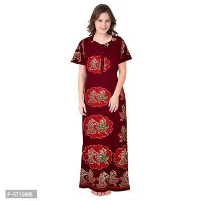 Stylish Cotton Short Sleeves Maroon Dandiya Printed Night Gown For Women