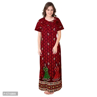 Stylish Cotton Short Sleeves Maroon Kalamkari Print Night Gown For Women