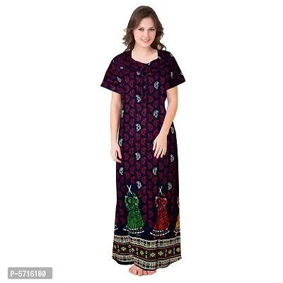 Stylish Cotton Short Sleeves Navy Blue Kalamkari Print Night Gown For Women