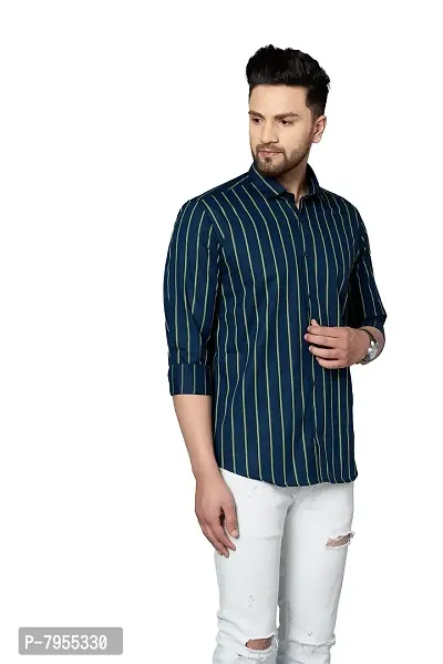 AARON INC Men's Cotton Classic Collar Striped Shirt (Dark Blue)-thumb0